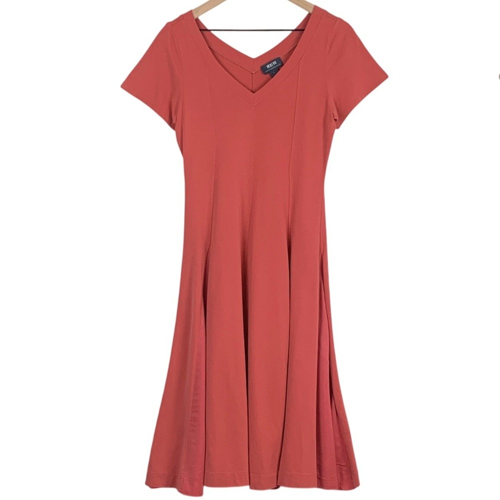 MAEVE by Anthropologie V-Neck Fit and Flare Midi Dress Sz S Terracotta Coral S/S